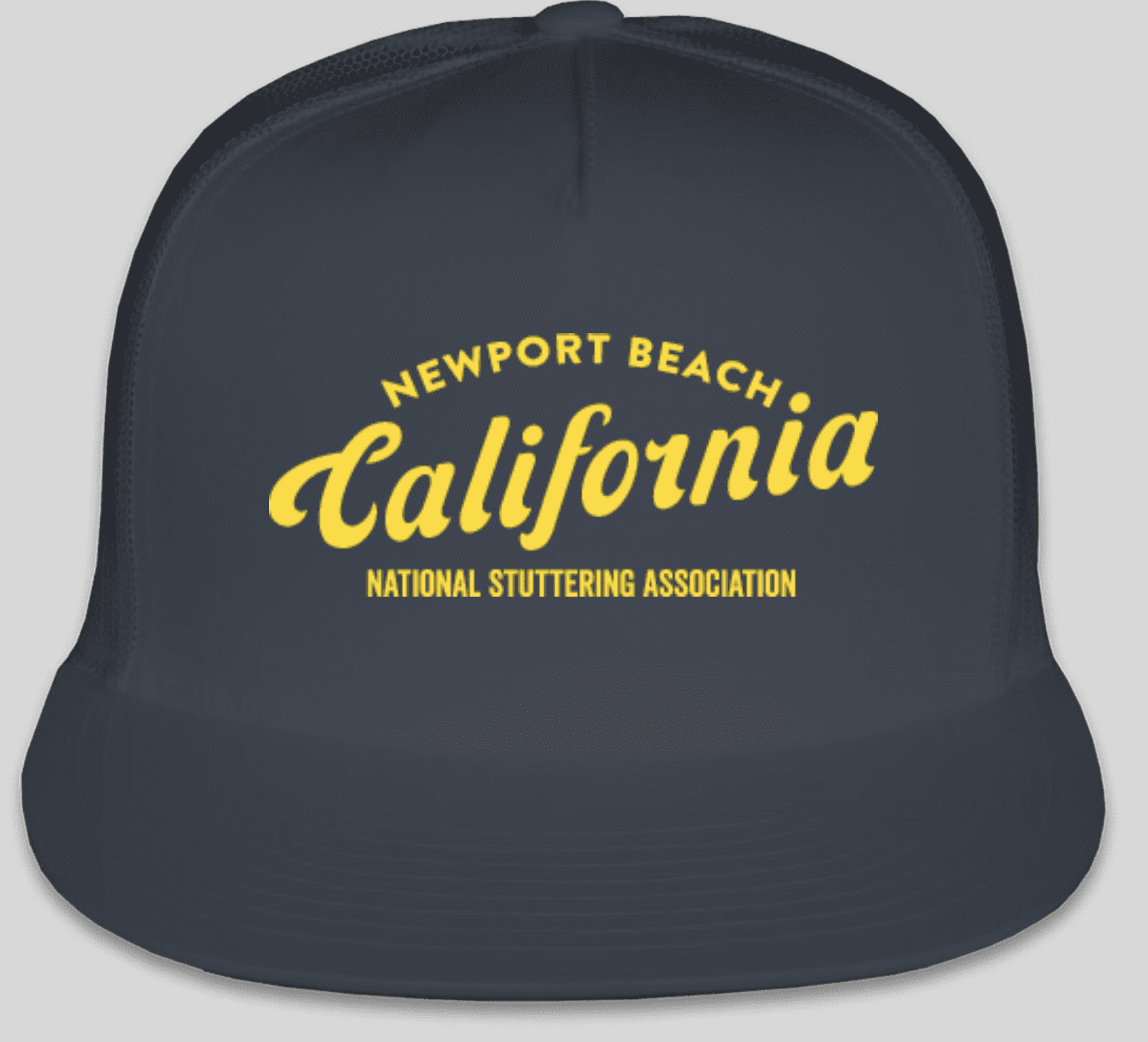 A navy blue baseball cap with "Stronger Together" in yellow script and "national stuttering association" in white text below, centered on the front panel.