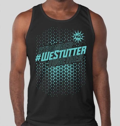 A man wearing a Stronger Together Tank Top, featuring the phrase "#stronger #together" in bold teal letters, surrounded by a geometric triangle pattern, also in teal.