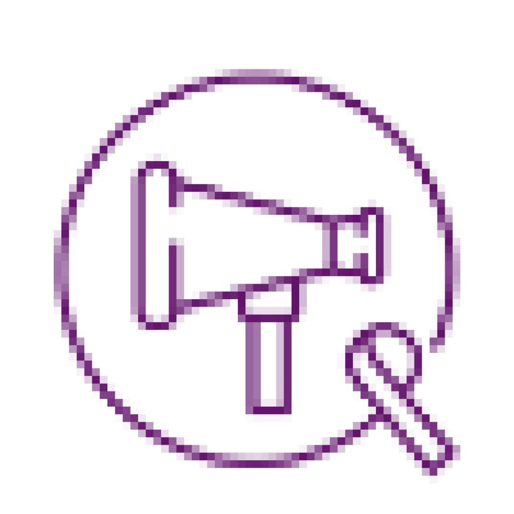 A simple line-drawn icon depicting a megaphone within a circle, colored in purple. The megaphone, designed to attract attention in a shop setting, is coupled with a small circular element