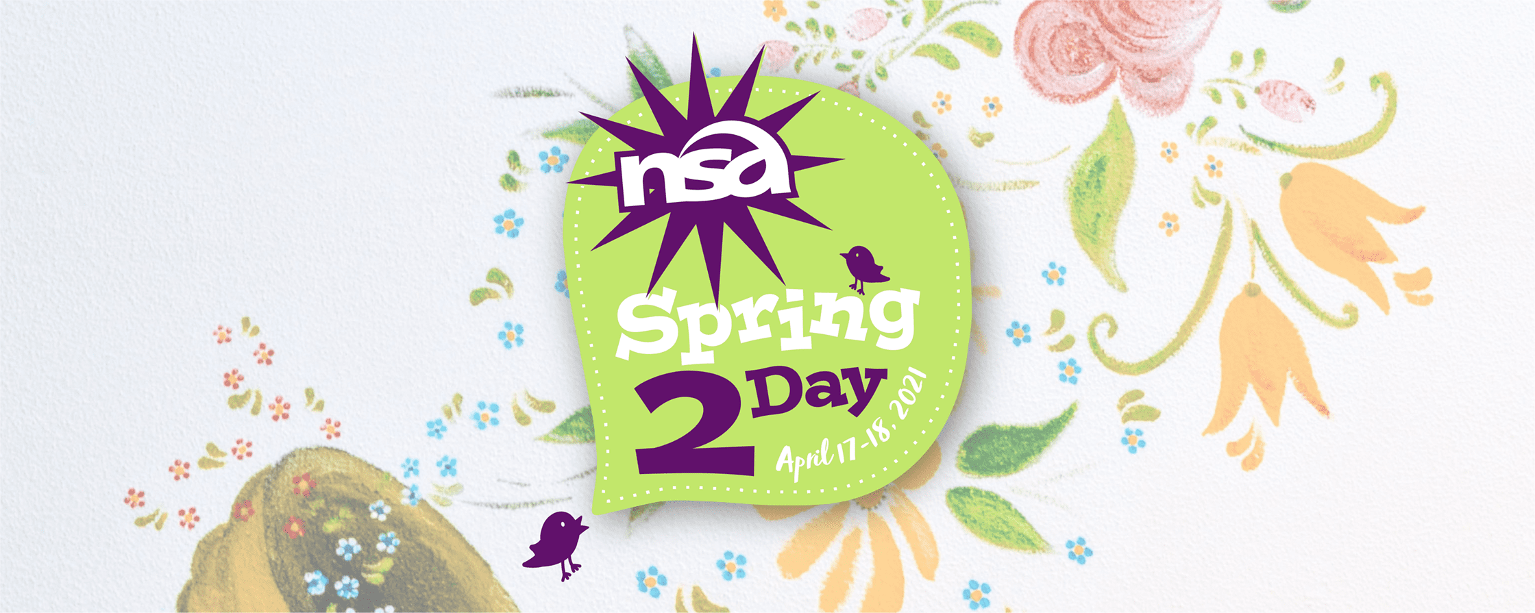 A promotional graphic for the rca spring 2 day event on april 17-18, featuring a vibrant green logo with purple details on a floral background with birds and flowers.