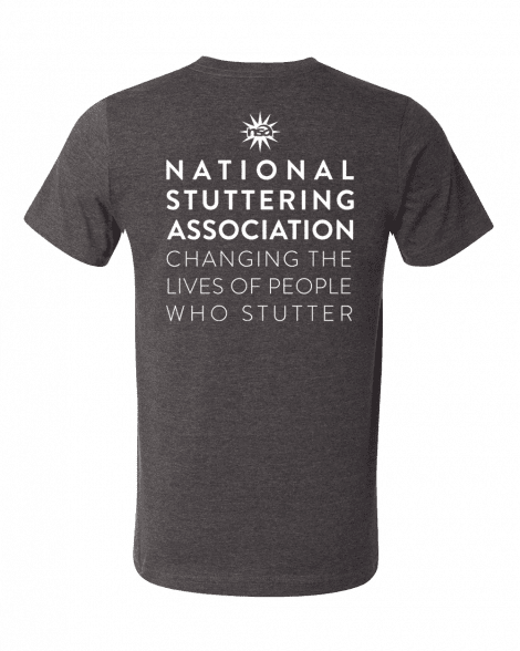 A #WeStutter Adult Tee featuring white text that reads "national stuttering association changing the lives of people who stutter" with a small logo above the text.