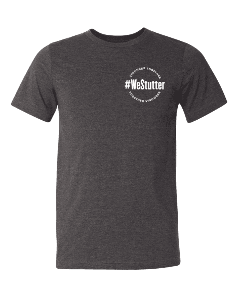 A #WeStutter Adult Tee displayed on a green background. the shirt features a white circular logo with the words "#westutter together we strong" on the chest.