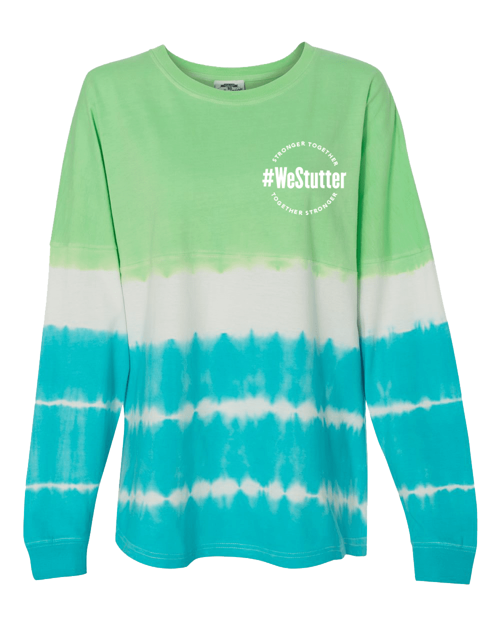 Green and white tie-dye #WeStutter Long-Sleeved Tie Dye Tee with long sleeves and hashtag "#westutter" printed in bold on the left chest area. no background, just the shirt.
