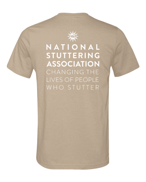 Back view of a #WeStutter Adult Tee with text "national stuttering association, changing the lives of people who stutter" and a small logo at the top center.