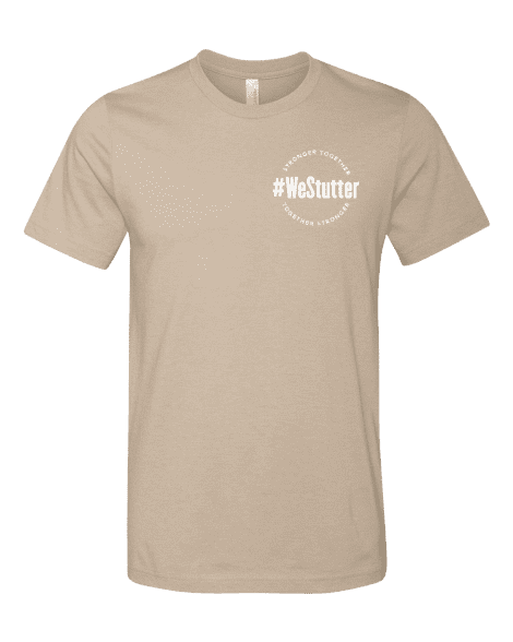 A #WeStutter Adult Tee with the text "#westutter" in a small, red font flanked by the words "stronger together" in a circular gray logo on the upper left chest area.