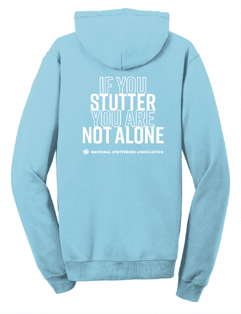 'Stronger Together' Hoodie with the text "if you stutter you are not alone" and the national stuttering association logo on the back.