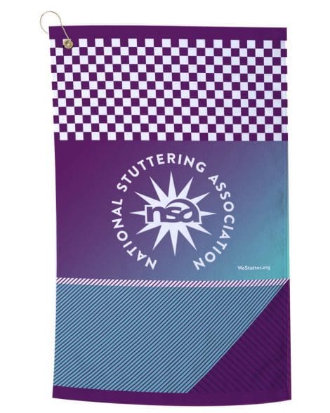 A decorative banner featuring the NSA Golf Towel logo, with a purple and blue diagonal design, checkered top border, and a website url.