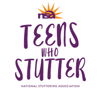 Logo of "teens who stutter" from the national stuttering association featuring a stylized sun above the text, set against a dark green background.