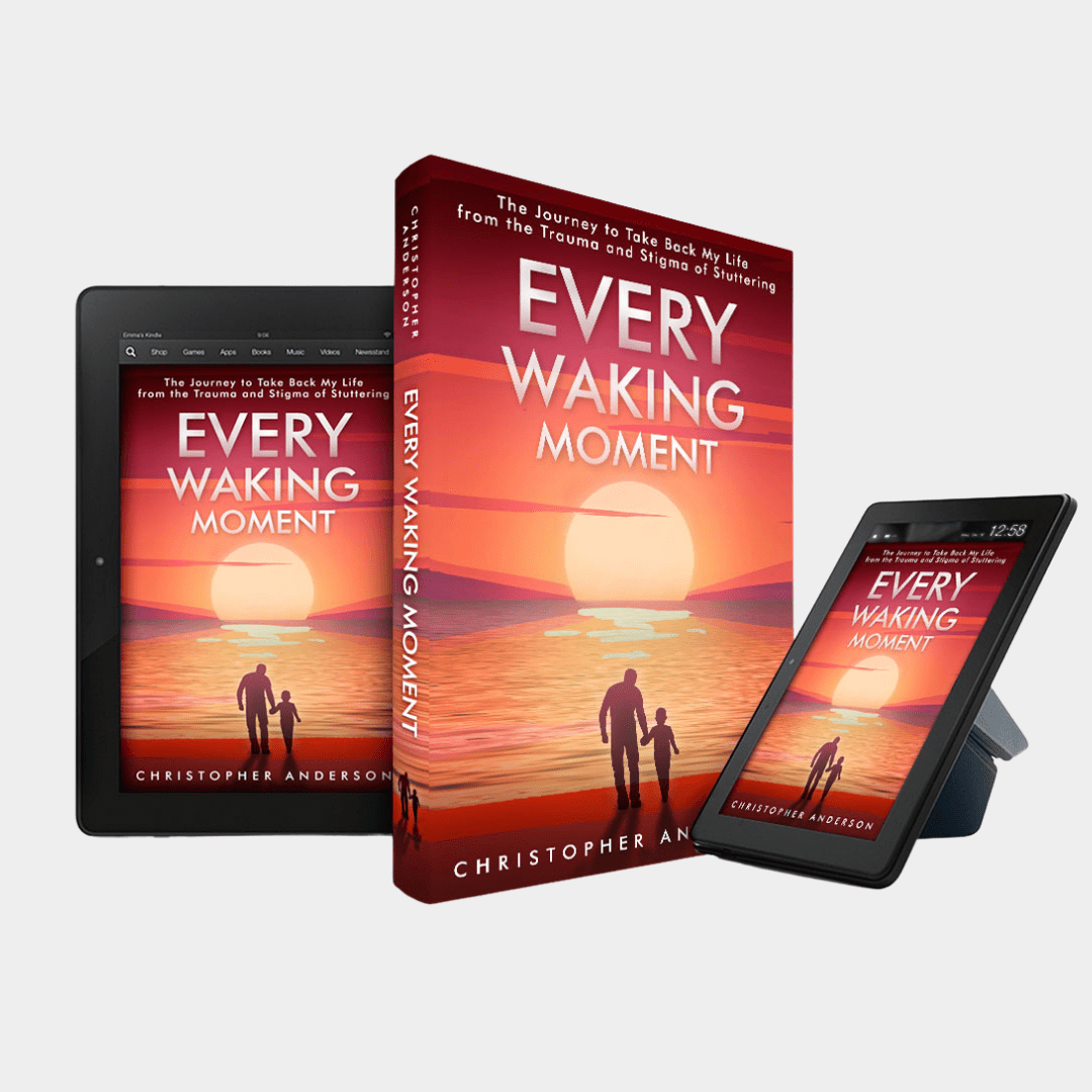 Three formats of the book "every waking moment" displayed: a hardcover, an e-reader, and a tablet, all featuring the cover art of a sunset and silhouetted figure by the sea.