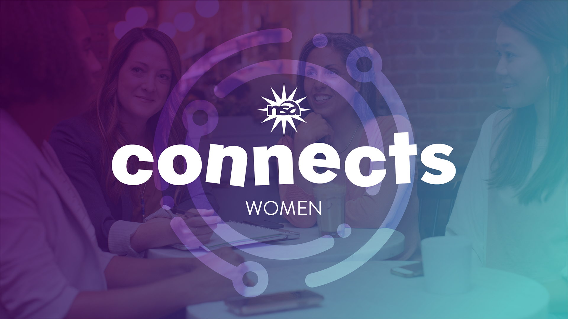 A group of women who stutter sitting around a table having a discussion. The image features a purple and blue gradient overlay with the text "NAR Connects Women" prominently displayed.