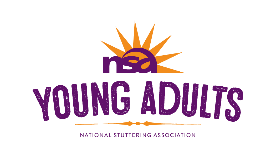Logo of the nsa young adults group, featuring a stylized sun above purple text, with "national stuttering association" below in smaller letters.